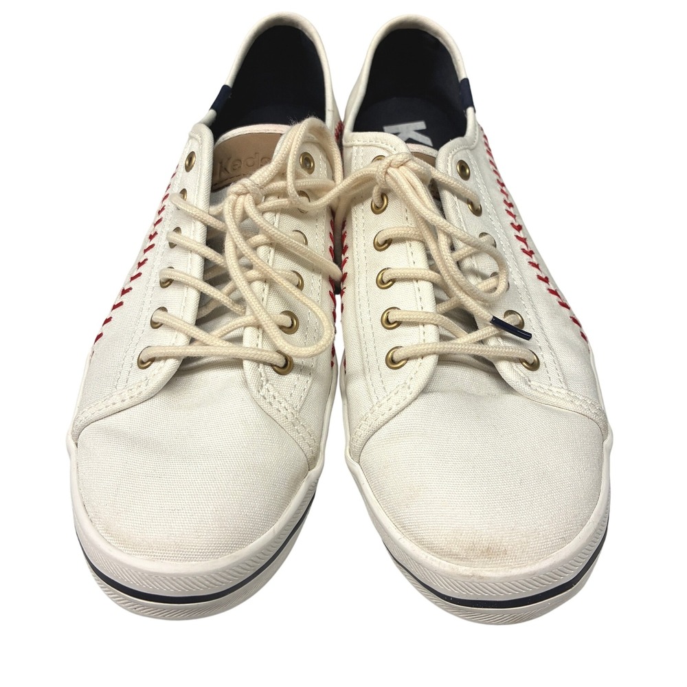 Keds Kickstart Baseball Stitch Canvas Sneakers Womens 8 Cream Red Sporty Casual